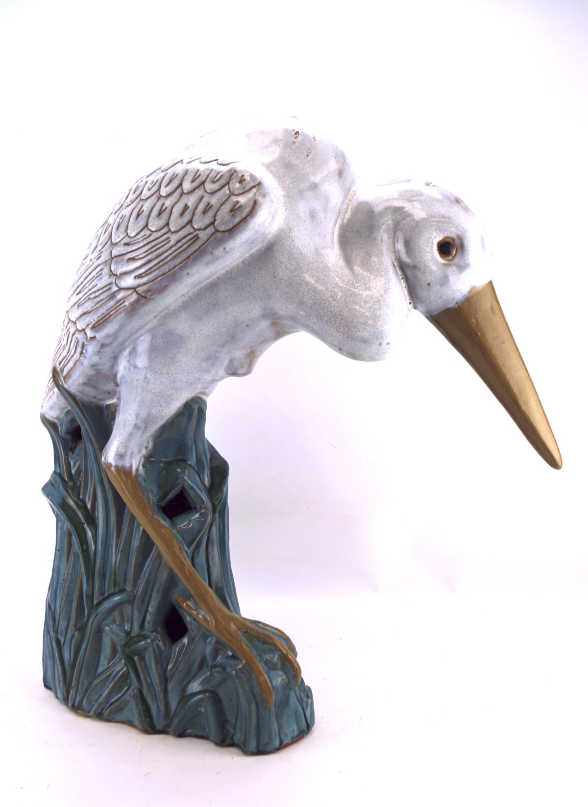 A large glazed ceramic figure of a crane, perched upon some reeds, approx. - Image 2 of 2