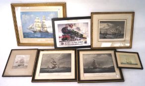 A collection of prints and pictures, featuring maritime scenes and trains, all framed and glazed,