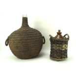 Two 20th century alcohol vessels in wicker holders, including a Doulton ceramic comport vessel,