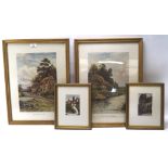 Four prints depicting the countryside and architecture, including 'The Roadside Pool' by D.