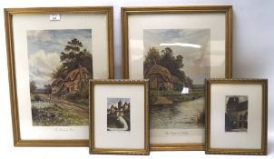 Four prints depicting the countryside and architecture, including 'The Roadside Pool' by D.