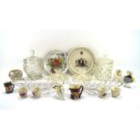 An assortment of glass and ceramics, including two Royal Doulton miniature character mugs,