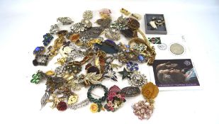 A large assortment of costume jewellery, mostly brooches,