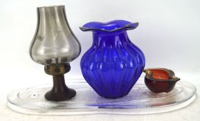 Four items of glass, including a lobed blue vase, a press-moulded fish dish,