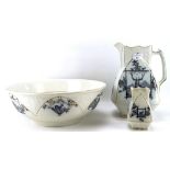 An early 20th century ceramic wash basin set, comprising pouring jug, basin and a small vase,