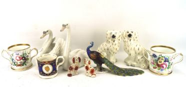 An assortment of ceramics, including a pair of Lladro models of swans,
