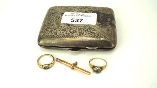 A silver cigarette case and three items of 9ct gold jewellery,