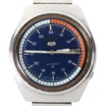 A vintage Seiko 5 gents automatic wristwatch, the blue dial with Arabic numerals denoting hours,