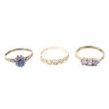 Three assorted 9ct gold dress rings, two set with precious stones, size M,