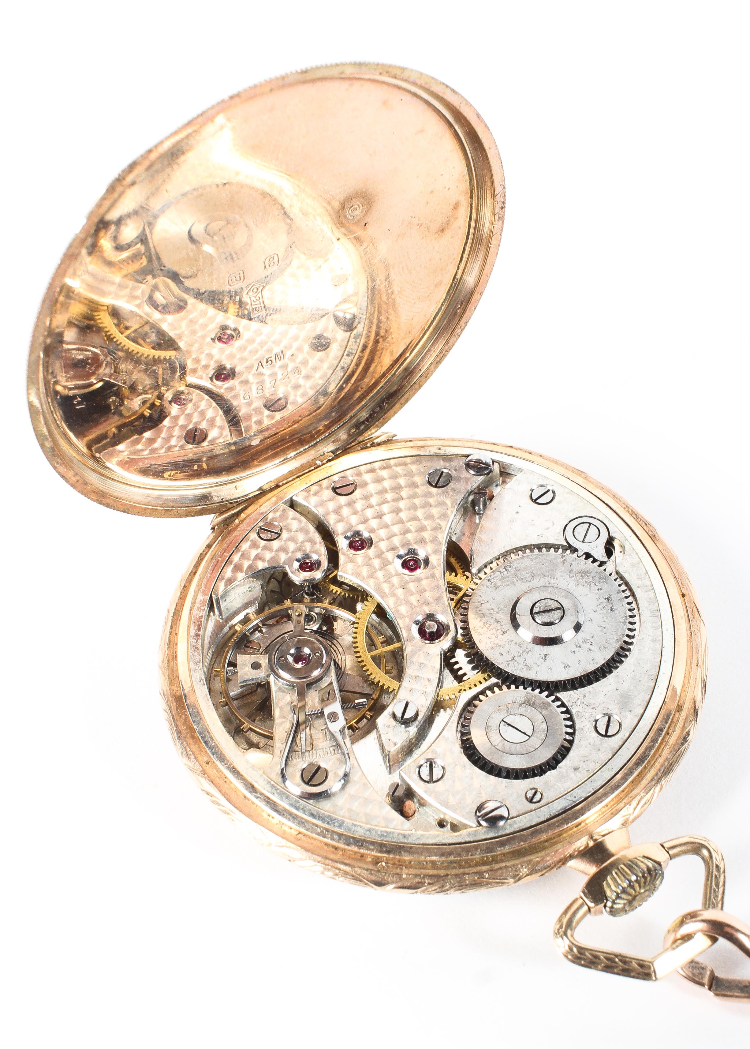 A 9ct gold open faced pocket watch with attached 9ct gold Albert chain, - Image 4 of 5
