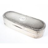 A silver lidded box with engine turned decoration to the lid, monogramed EMW to the central plaque,