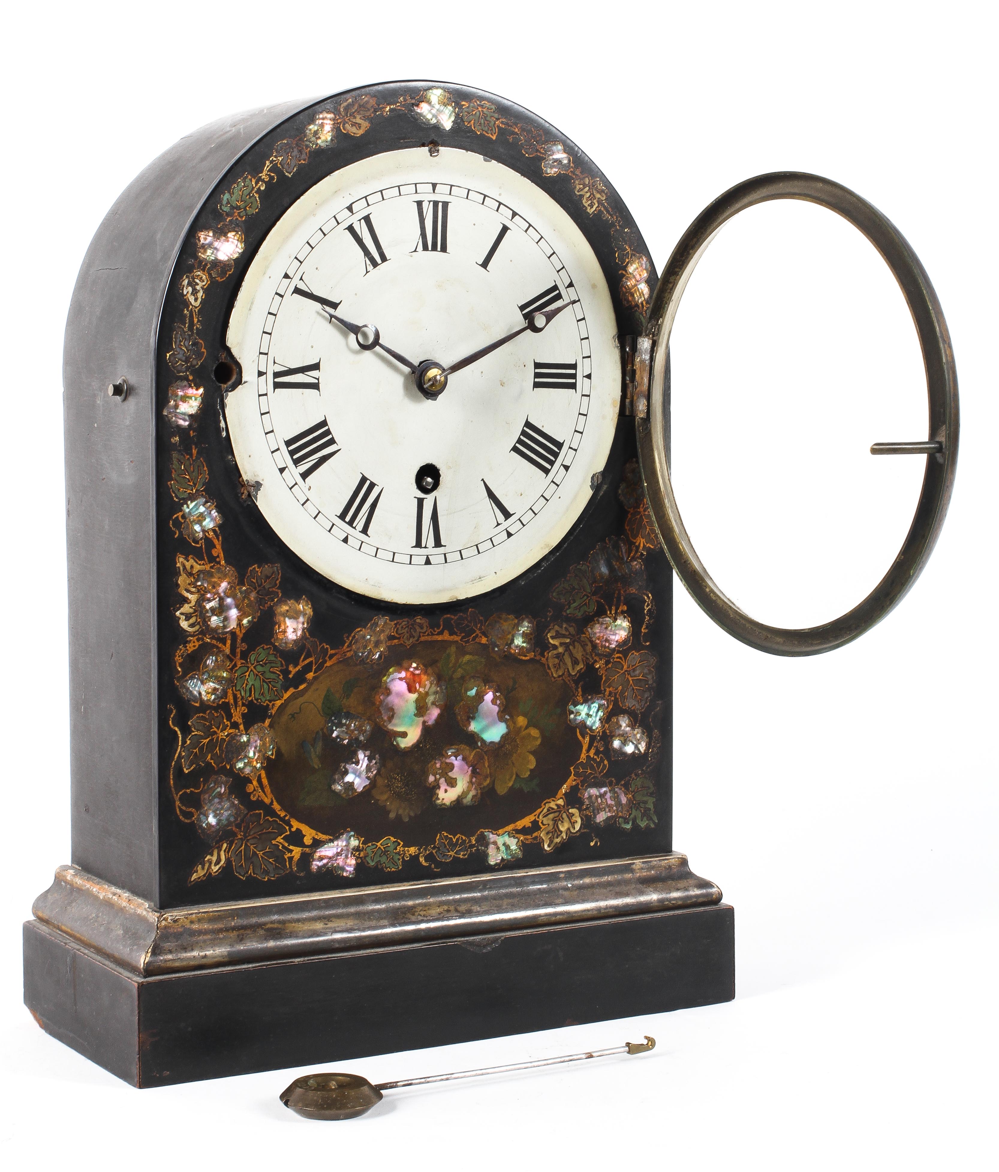 A Victorian japanned and mother of pearl inlaid mantel clock, of arched rectangular form, - Image 2 of 2