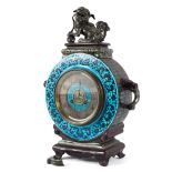 A French majolica and brass mounted chinoiserie eight day mantel clock in the style of Theodore