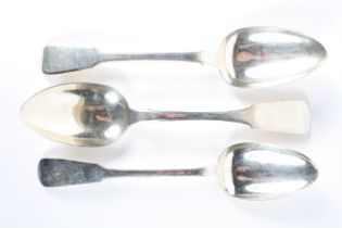 Three Georgian silver serving spoons, with various makers including an Edinburgh hallmaked spoon,