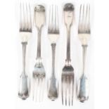 Four Georgian and Victorian silver forks of similar design and one other, various makers,