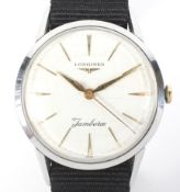 A gents Longines jamboree wristwatch, the white dial with gilt hour markers, stainless steel cased,