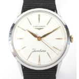 A gents Longines jamboree wristwatch, the white dial with gilt hour markers, stainless steel cased,