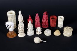 A collection of late 19th/early 20th century Chinese carved ivory, including: beakers, chess piece,