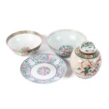 Two Chinese porcelain bowls, a dish and a ginger jar and cover, 19th century,