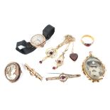 An assortment of 19th early 20th century gold jewellery, including a watch, pendant necklace,