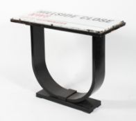 An Art Deco style side table with enamelled London street sign top,