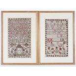 Two Victorian needlework alphabet samplers, the first with a house, trees and baskets of flowers,