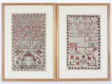 Two Victorian needlework alphabet samplers, the first with a house, trees and baskets of flowers,