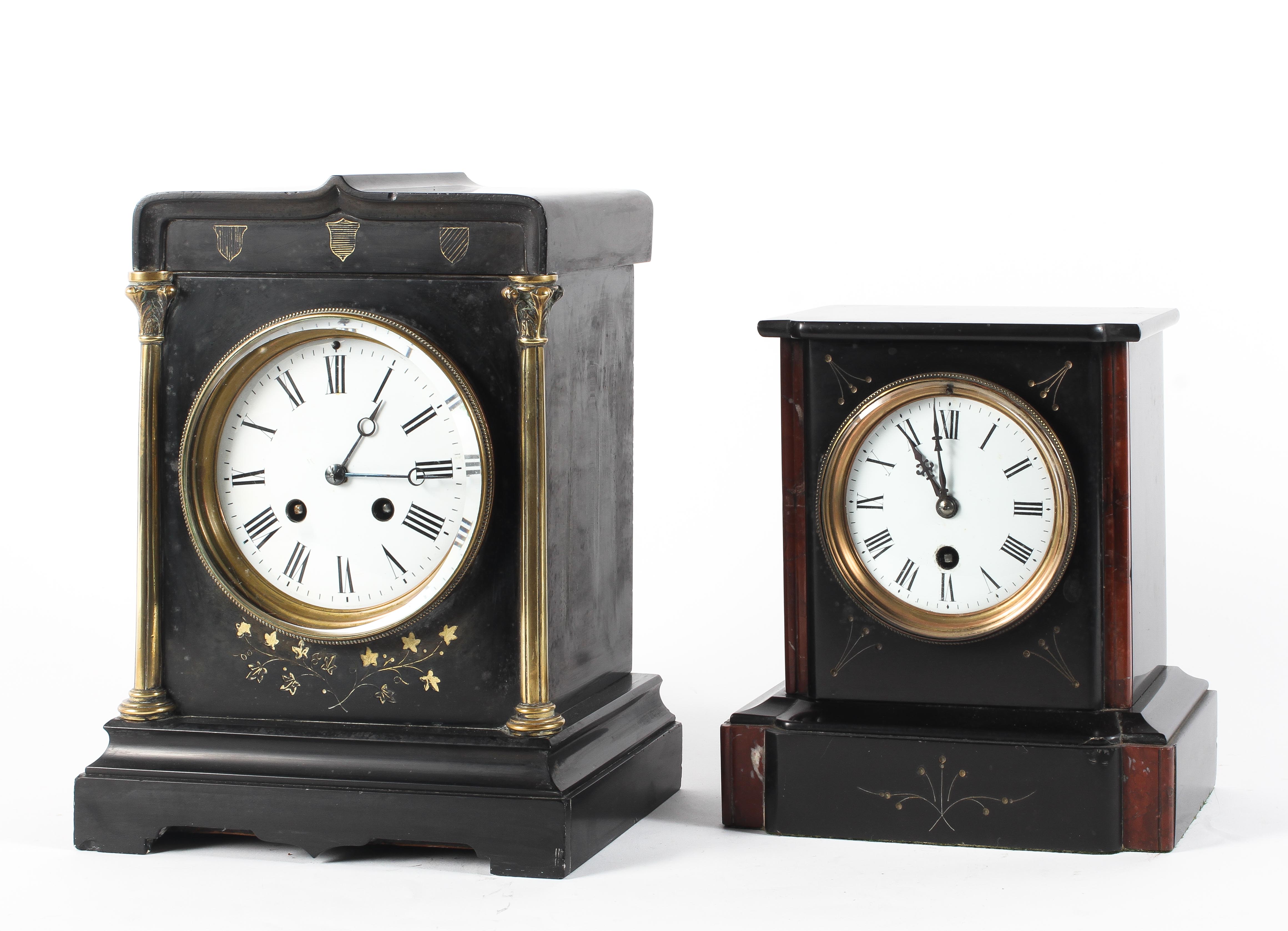 Two late 19th century slate mantel clocks, each with white enamelled dials and black Roman numerals,