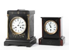 Two late 19th century slate mantel clocks, each with white enamelled dials and black Roman numerals,