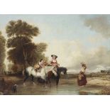 19th century School, Figures on Horseback in Wooded River Landscape, within giltwood frame,