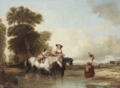 19th century School, Figures on Horseback in Wooded River Landscape, within giltwood frame,