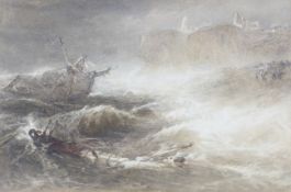 E Ellis (British, late 19th Century School), a Maritime shipwreck scene in stormy waters,