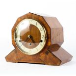 A Continental Art Deco Westminster chimes walnut veneered mantel clock,