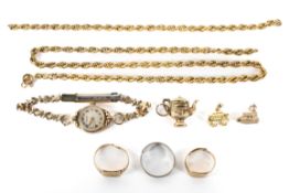 An assortment of 9ct gold including necklaces, rings, charms a ladies watch etc