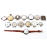 A collection of silver and base metal watches, early wristwatch and pocket examples,