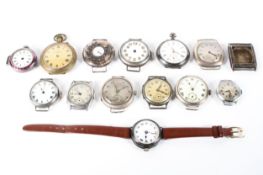 A collection of silver and base metal watches, early wristwatch and pocket examples,