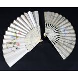 Two 19th century ivory folding fans, the leaf of one embroidered with flowers,