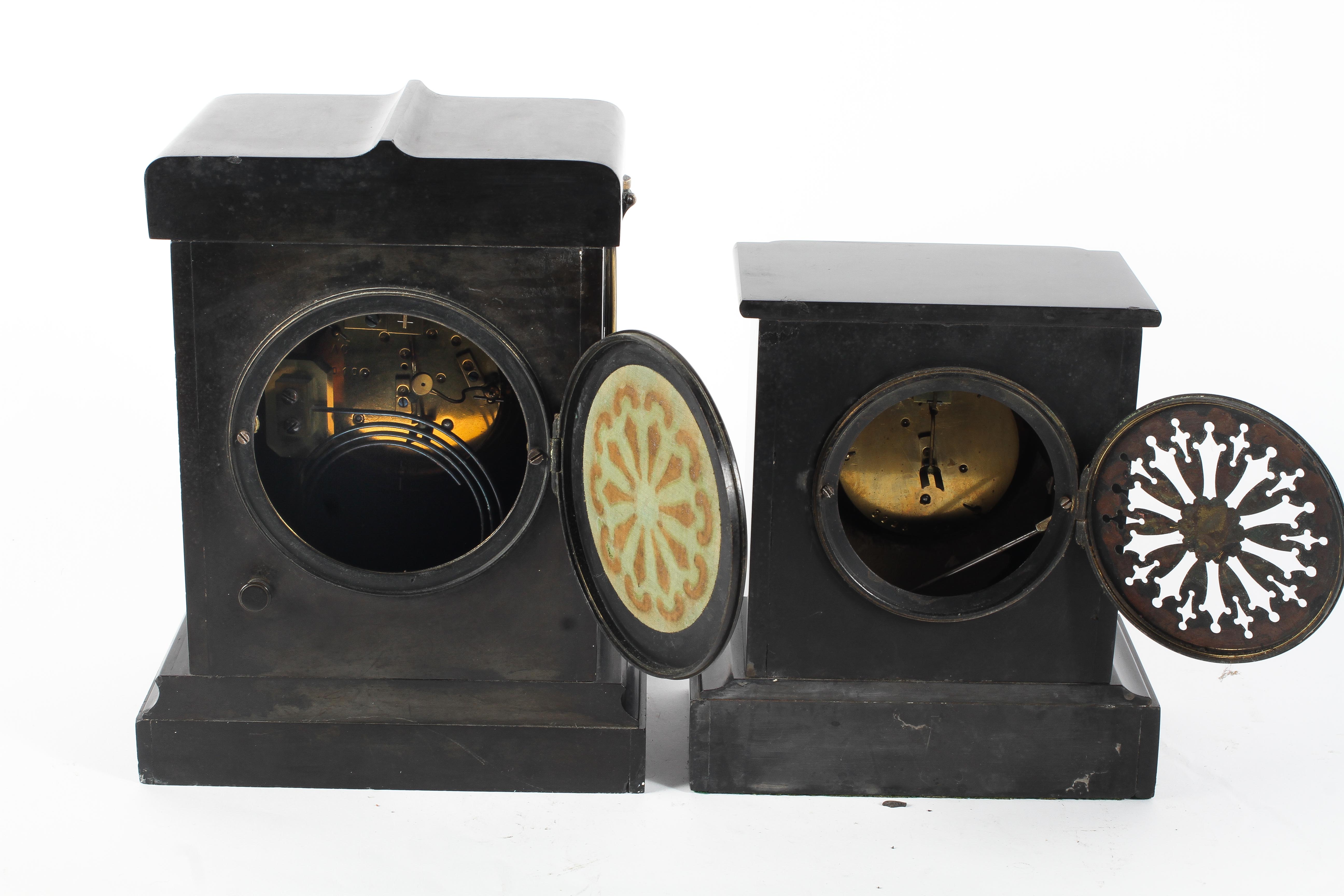Two late 19th century slate mantel clocks, each with white enamelled dials and black Roman numerals, - Image 2 of 2