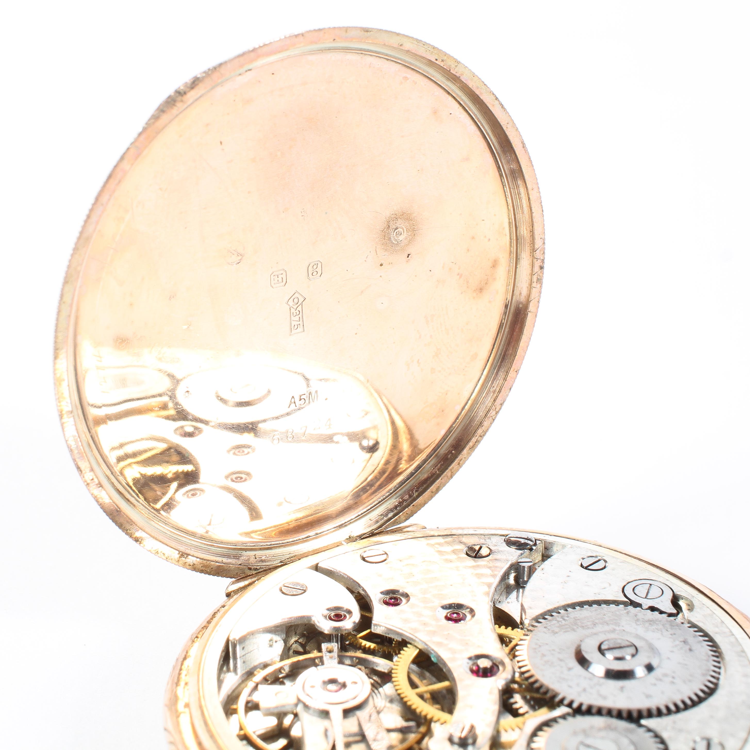 A 9ct gold open faced pocket watch with attached 9ct gold Albert chain, - Image 3 of 5