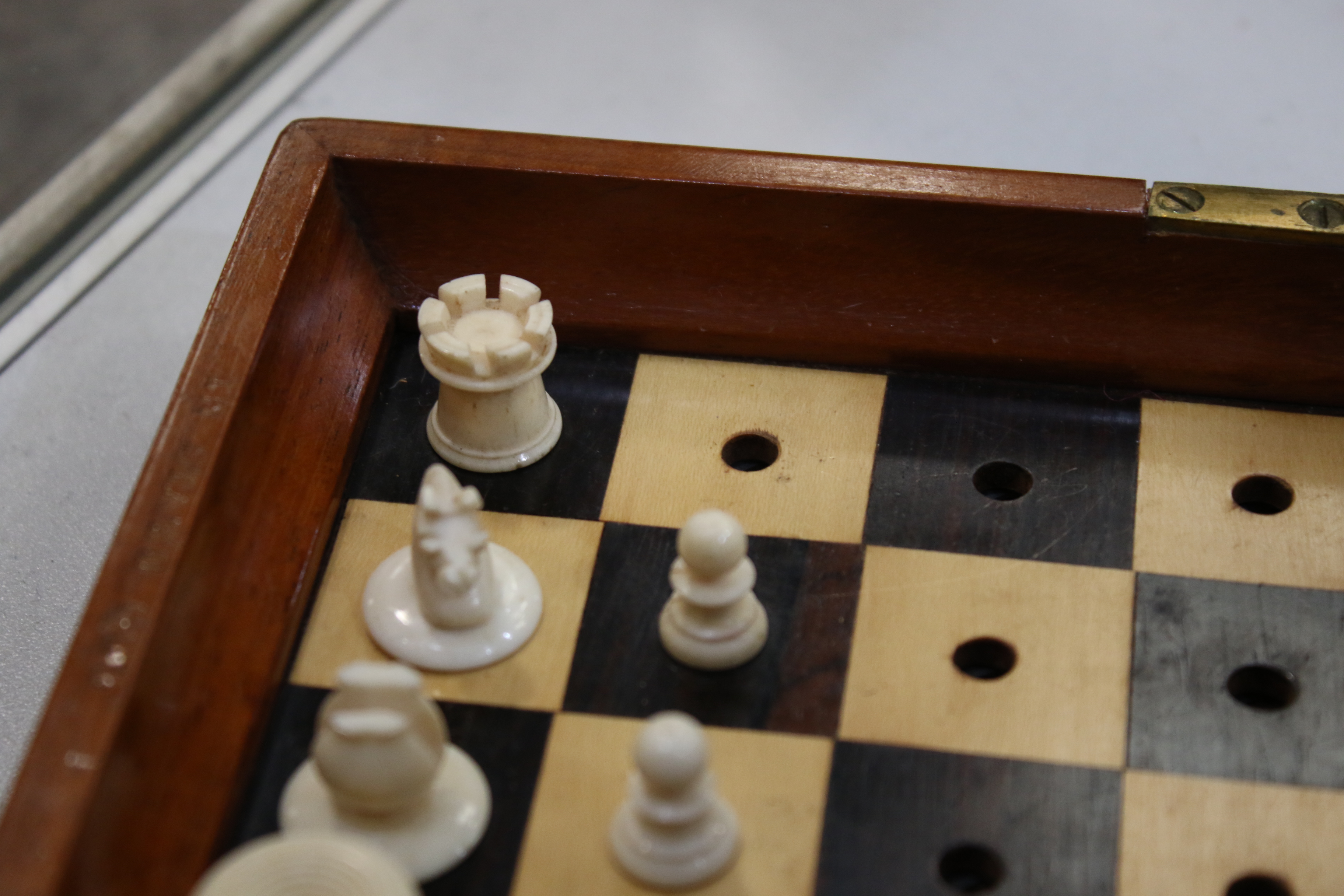 A Jacques & Son (London) travelling chess set in box, with folding mahogany chess board, - Image 8 of 16