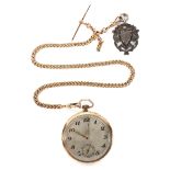 A 9ct gold open faced pocket watch with attached 9ct gold Albert chain,