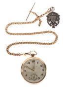 A 9ct gold open faced pocket watch with attached 9ct gold Albert chain,