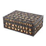 A 19th century Quill Work box, with ebony linear frame inlaid with ivory dots,