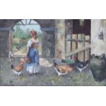 Late 19th/Early 20th Century Continental School, Farm Girl Feeding Chickens in a Barn,