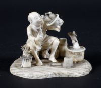 A late 19th century Japanese carved ivory okimono, depiciting a gardener holding a jardiniere,