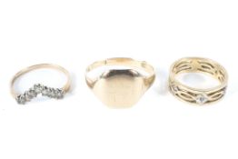 Three assorted 9ct gold rings, two set with ziconia