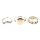 Three assorted 9ct gold rings, two set with ziconia