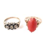 A 9ct gold sapphire and diamond ring size L and a gold coral ring size M