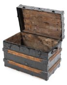 A 19th century wooden slatted and metal bound travelling trunk,