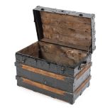 A 19th century wooden slatted and metal bound travelling trunk,